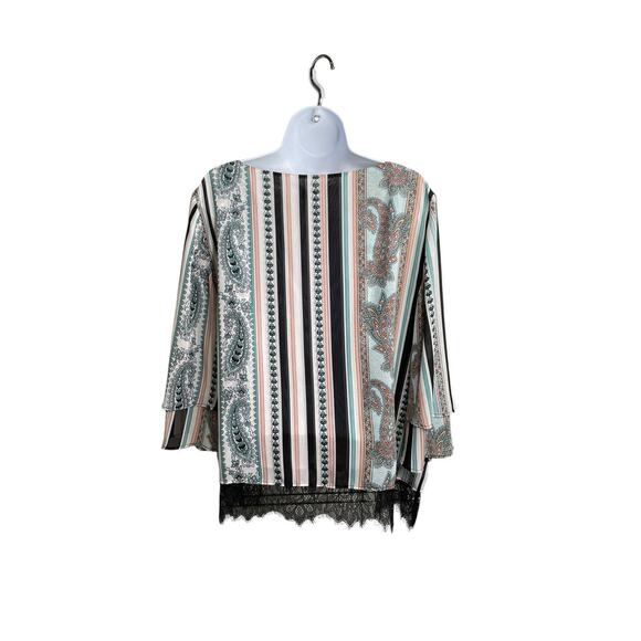 Chico's Women's Paisley Tiered Sleeve Top Size 2 Large Flowy Boho Lace Hem - Picture 2 of 10